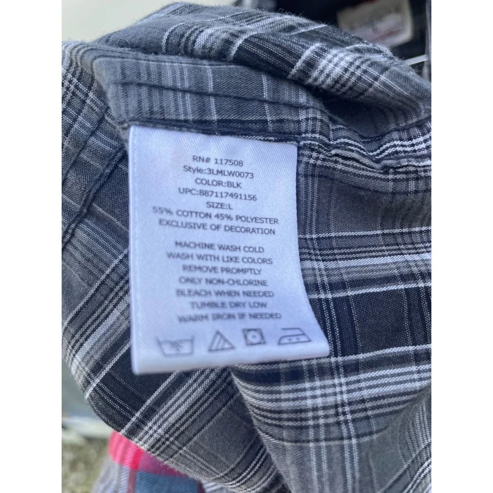 Levis Mens Western Pearl Snap Plaid Shirt Black Grey Regular Fit L 3LMLW0073
